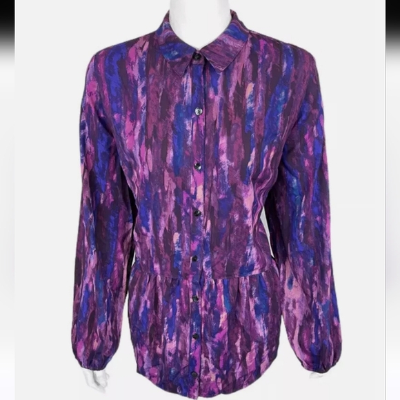 LOGO by Lori Goldstein Stretch Woven Button Front Blouse Top Plum - Picture 2 of 9